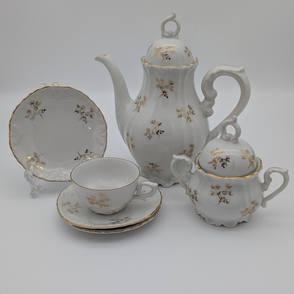 Vintage (1950s) Lot of Crown Bavaria Gold Floral Motif Porcelain Tea Set Pieces